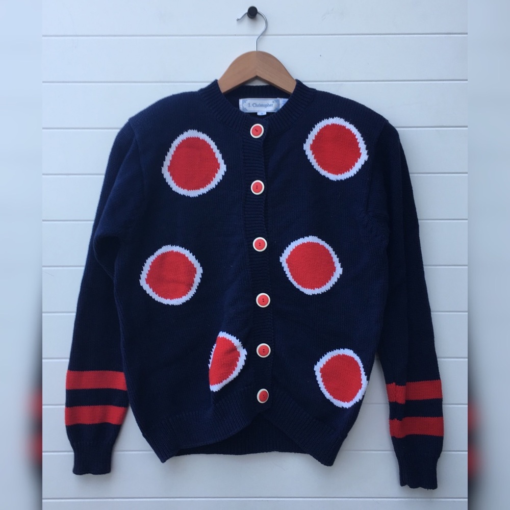 J. Christopher Vintage 90s Funky Dot Navy Button Cardigan Striped Crew Neck